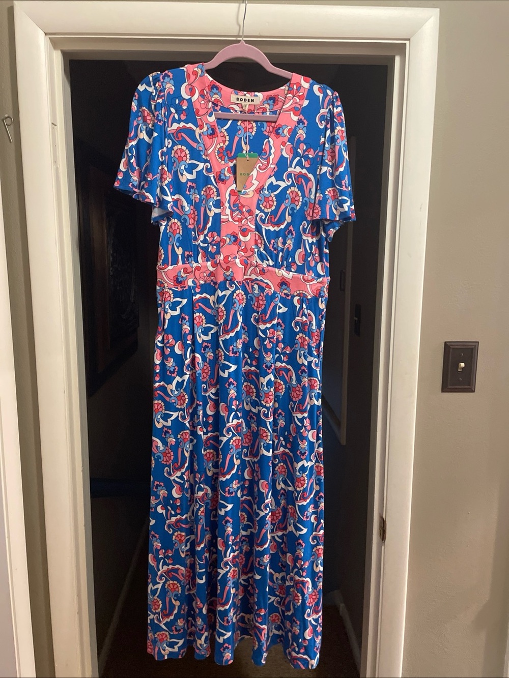 NWT Boden Women’s 12 Ellie Flutter Blue and Pink Floral V-Neck Maxi Dress NEW